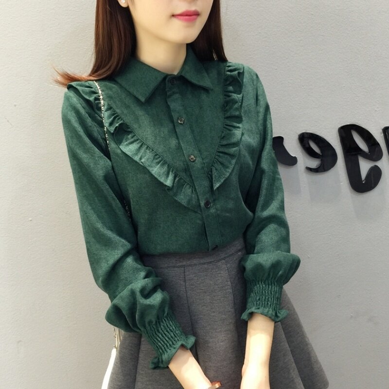 2019春季装新款韩版时尚百搭衬衣宽松荷叶边灯芯绒衬衫女长袖潮在类目 女装/女士精品, 衬衫中 - 来自Buy2taobao.com提供专业的淘宝代购服务