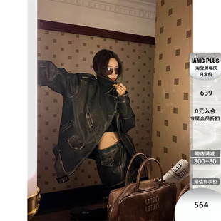 IAMC 男友风复古机车皮夹克休闲皮衣外套女秋 无边自由 PLUS桑妮