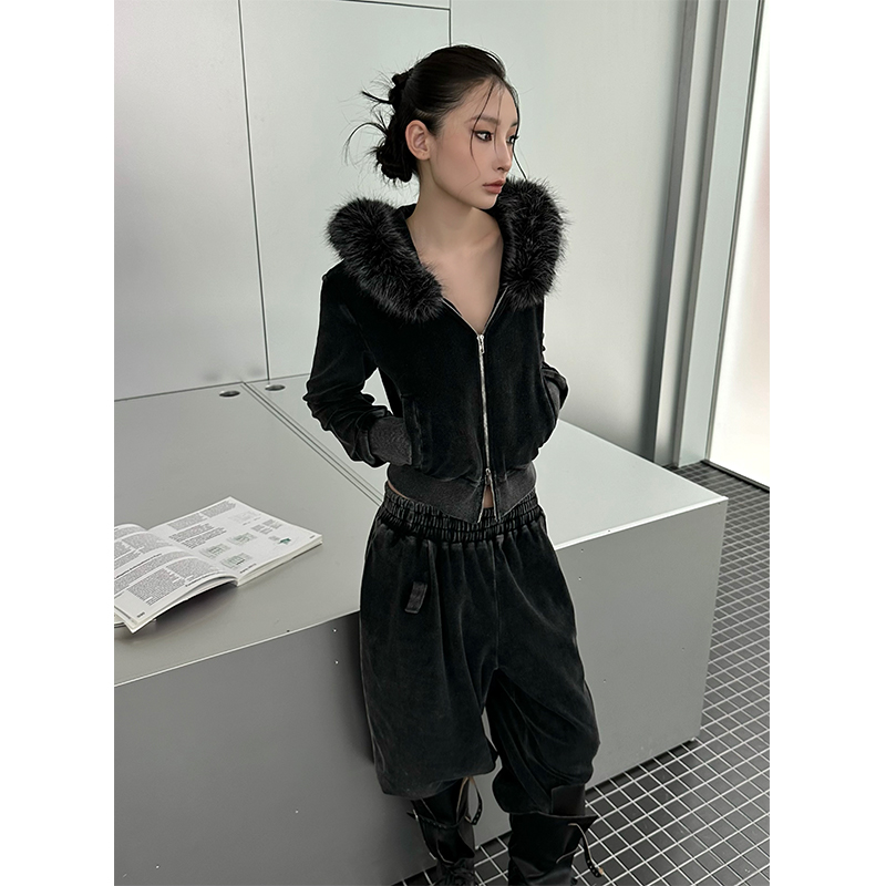 IAMCPLUS 复古拾光 做旧丝绒休闲卫裤可拆毛领卫衣时尚套装女秋冬