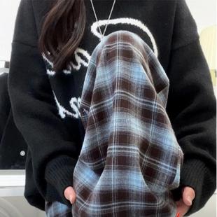 胖mm加绒蓝色格子裤女秋冬款宽松慵懒风大码显瘦休闲垂感阔腿裤子