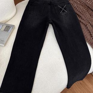 浪潮妹妹mm秋款黑灰色弹力牛仔裤女大码胖梨形身材裤子九分直筒裤