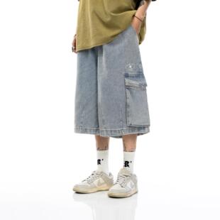 特大码美式嘻哈工装牛仔短裤男款夏季潮牌复古高街宽松直筒六分裤