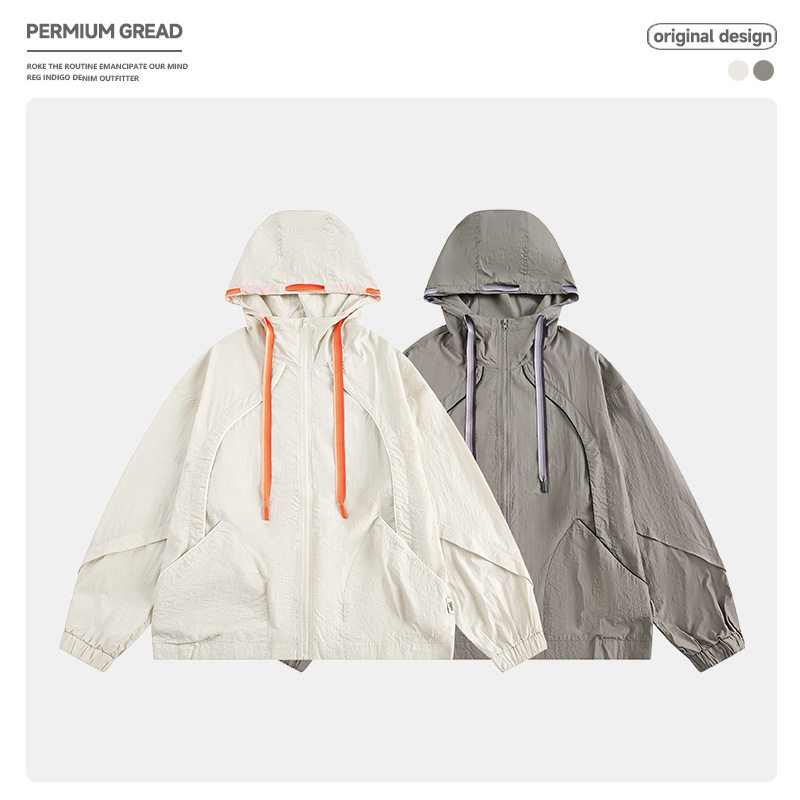 美式复古UPF50+轻薄透气抽绳款连帽防晒衣男女拼接户外运动防晒服,男装,时尚防晒服,淘宝优惠券,粉丝福利购,淘宝优惠卷