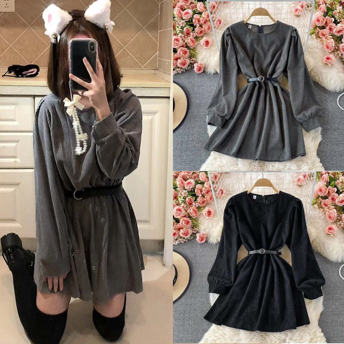 秋冬新款连衣裙女装收腰显瘦短裙