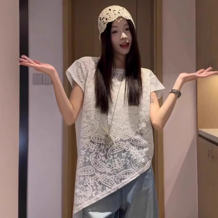 韩版镂空蕾丝不规则短袖T恤女夏季薄款2025新款洋派轻奢宽松上衣