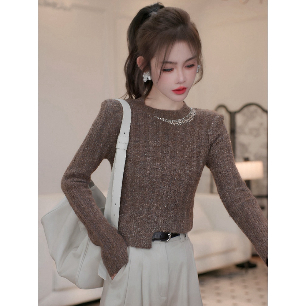高级感咖色短款毛衣女秋冬2025新款法式时尚休闲圆领镶钻针织上衣