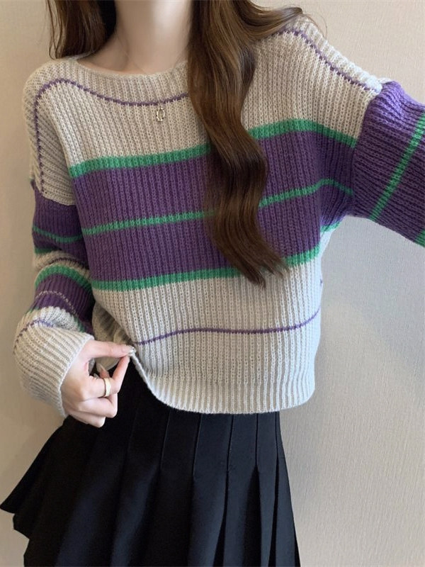 撞色宽松慵懒风针织衫女春秋2025新款设计感套头显瘦短款时尚毛衣