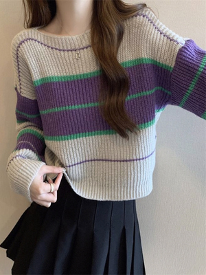 撞色宽松慵懒风针织衫女春秋2025新款设计感套头显瘦短款时尚毛衣