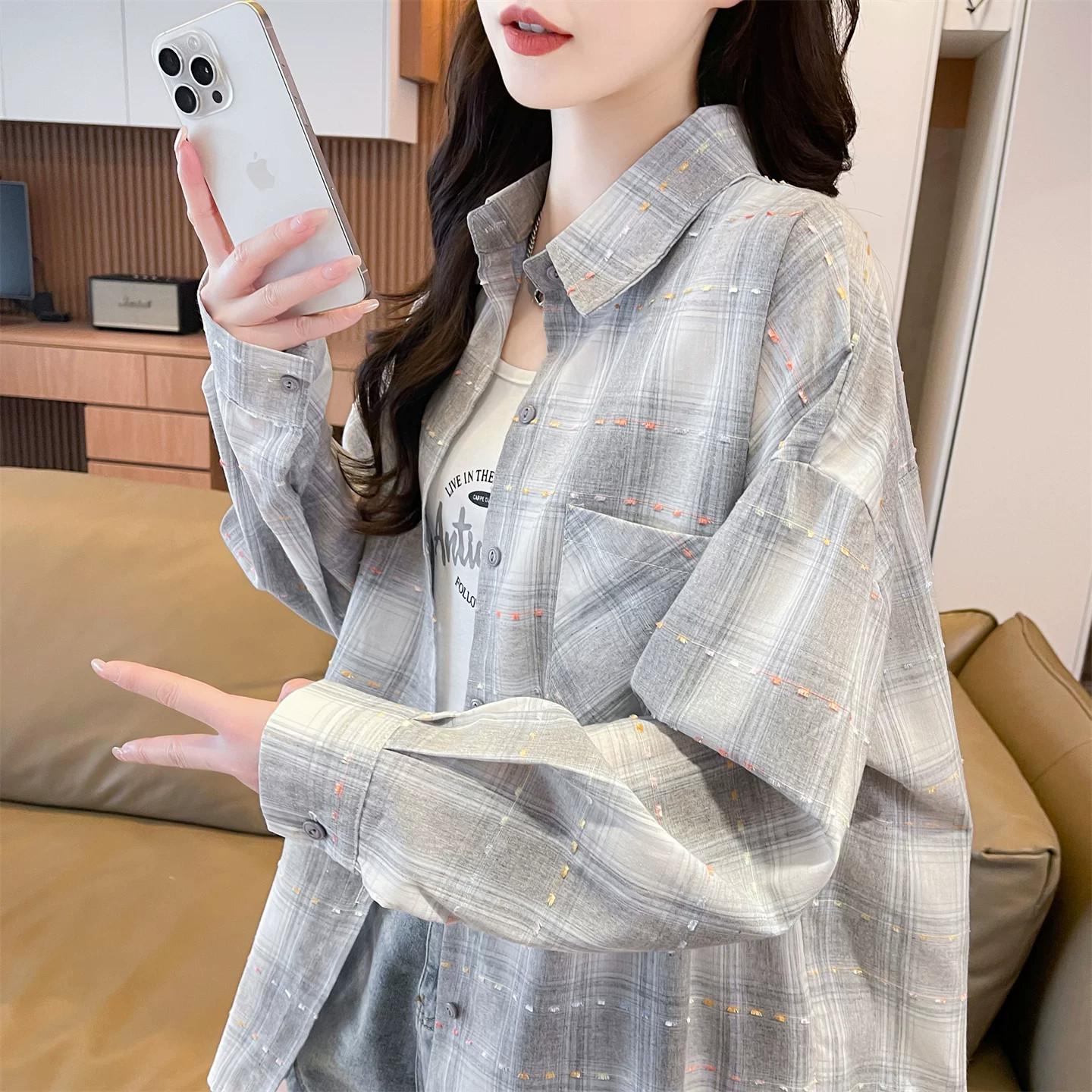 韩版宽松衬衫女春秋2026新款长袖休闲格子衬衣外套设计感小众上衣