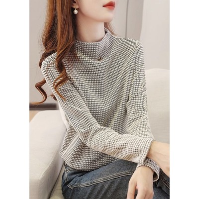 半高领格子长袖T恤女2025春秋新款别致休闲打底上衣气质减龄显瘦