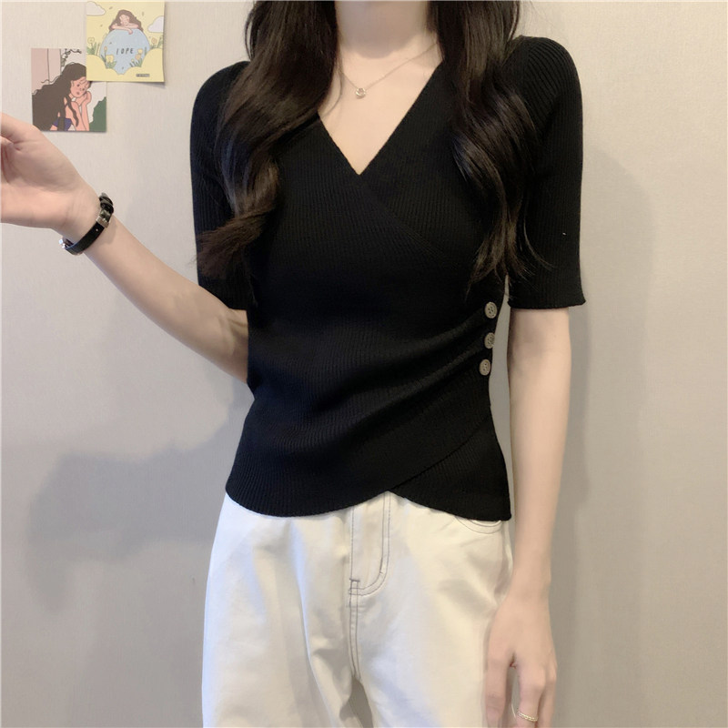 黑色不规则冰丝短袖T恤女夏季2023新款修身短款设计感针织上衣女