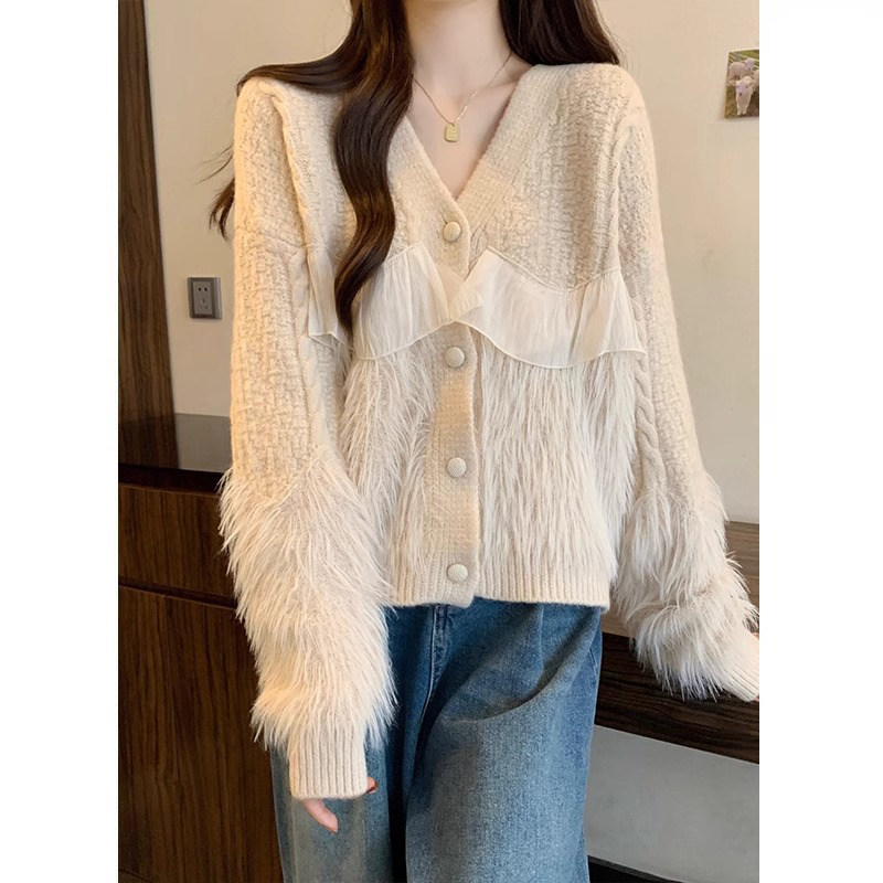 高级感马海毛针织开衫女秋冬2025新款小个子气质蕾丝花边毛衣外套