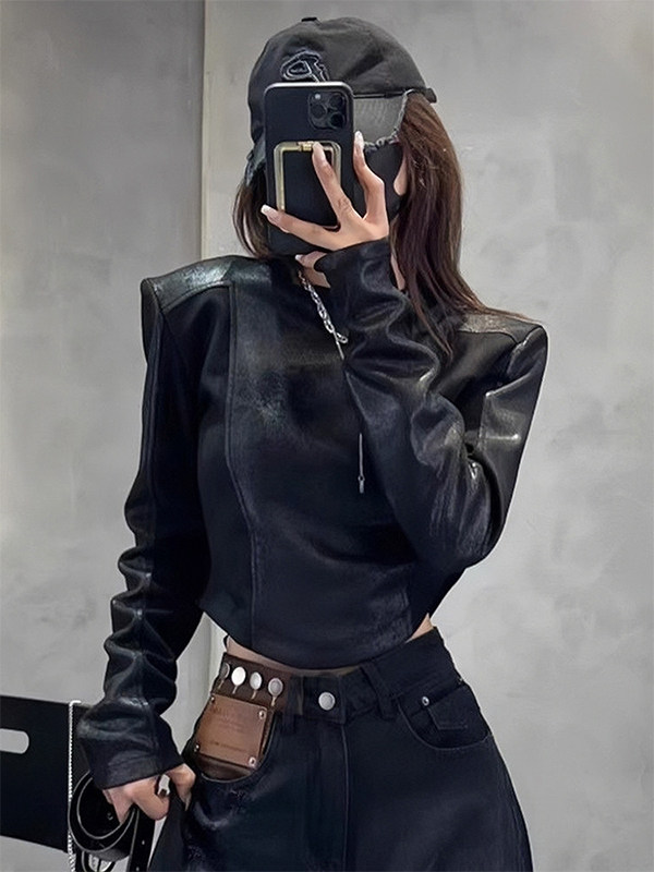美式覆古长袖T恤女春秋2025新款设计感拼接别致小众短款时尚上衣