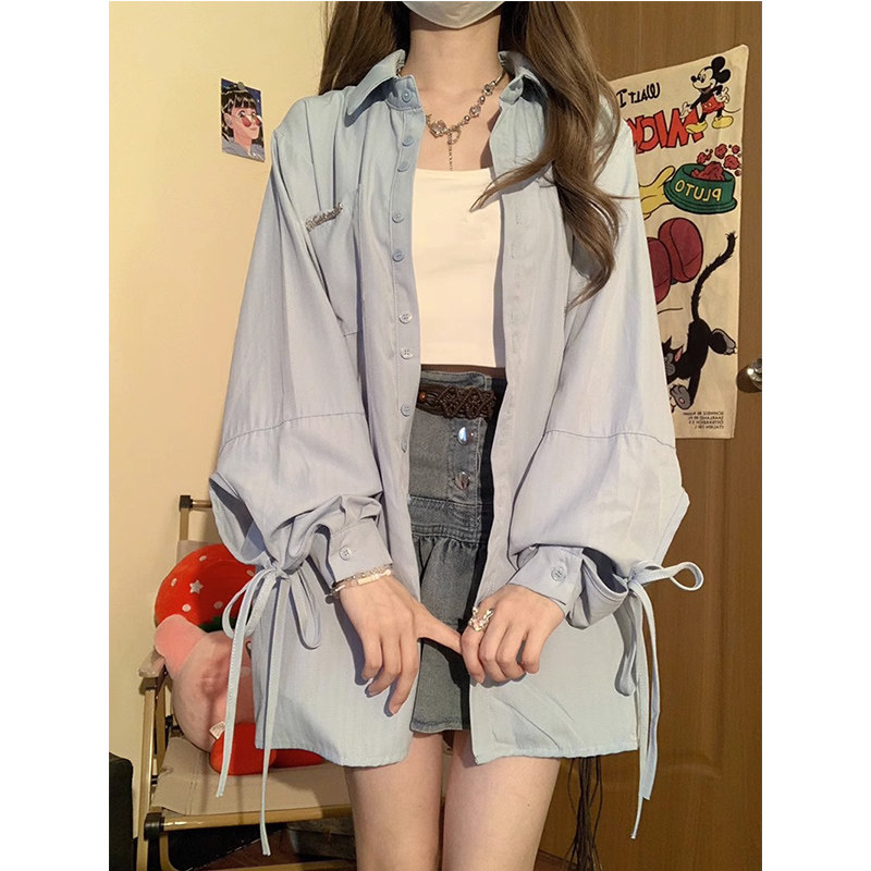 长袖绑带衬衫女设计感小众2026新款休闲薄款开衫女中长版宽松外套