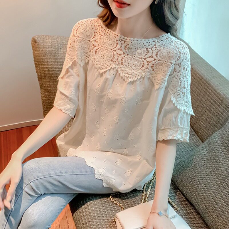 薄款雪纺衫女夏短袖2022新款洋气镂空小衫宽松遮肚上衣设计感小众
