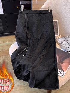 新中式国风加绒半身裙女秋冬2025新款高腰小个子A字开叉包臀裙女