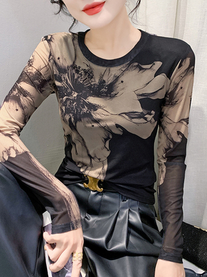 网纱性感长袖T恤女秋季薄款2025新款水墨画印花修身显瘦百搭上衣