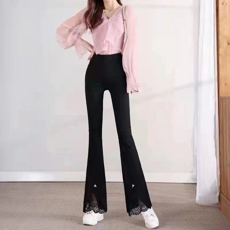 高腰显瘦微喇休闲长裤女春秋2026新款设计感蕾丝拼接弹力时尚女裤