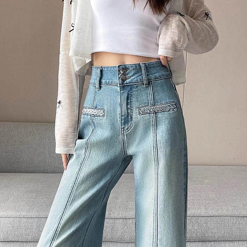 设计感烫钻弹力牛仔裤女春秋2025新款直筒宽松显瘦浅色拖地长裤子