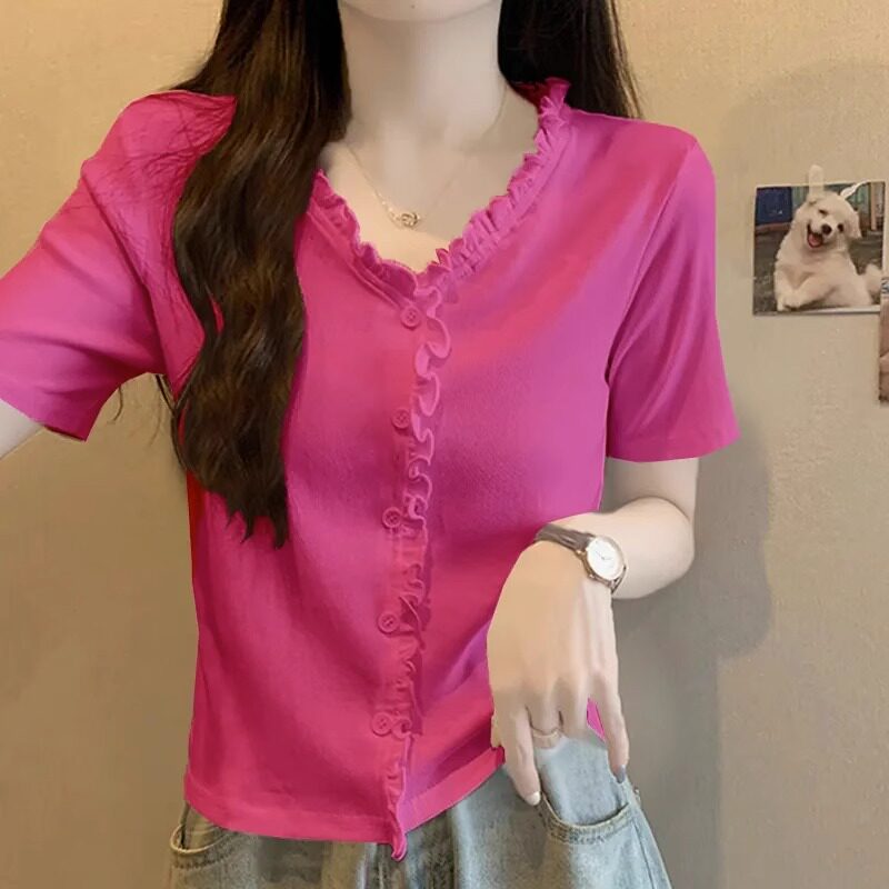 木耳花边开衫女夏季2024新款V领短袖T恤女设计感小众显瘦短款上衣