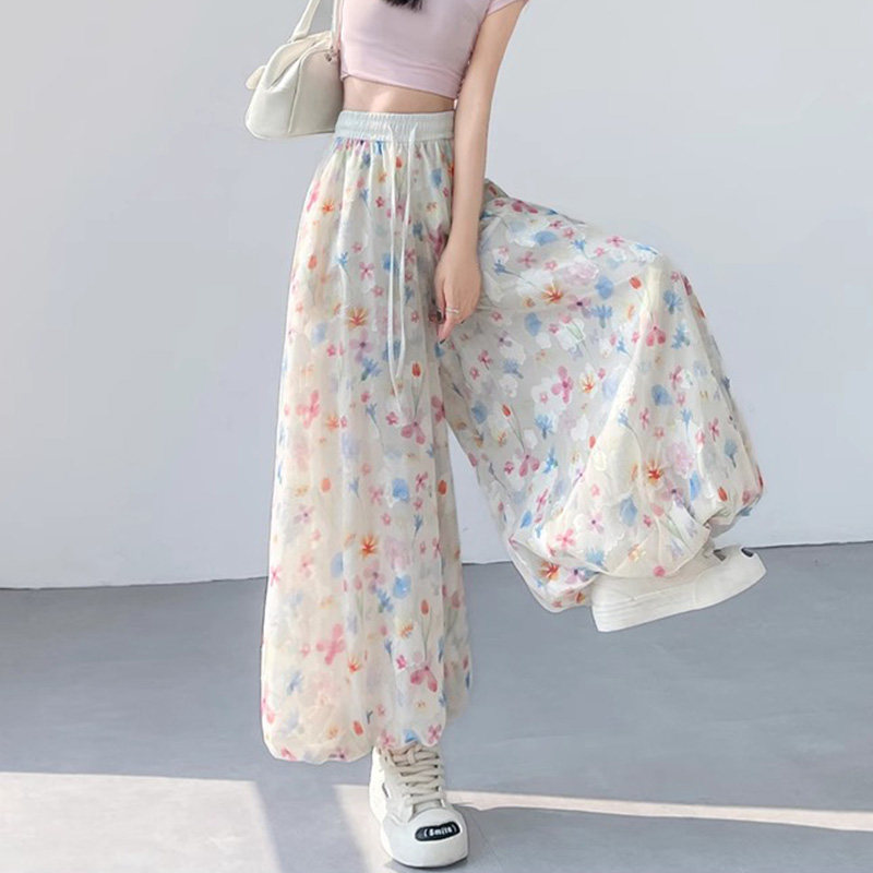 冰丝花苞裙裤女夏季2025新款小个子高腰垂感碎花时尚显瘦阔腿裤女