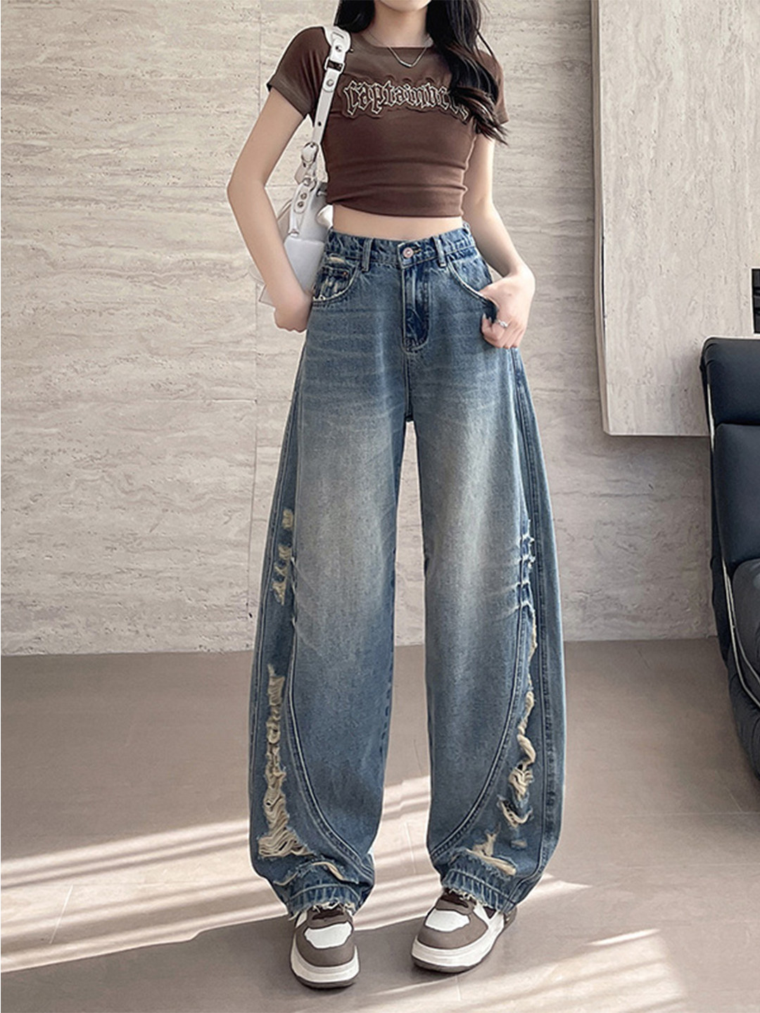 重工破洞弯刀牛仔裤女春秋季2025年新款设计感香蕉阔腿裤美式覆古