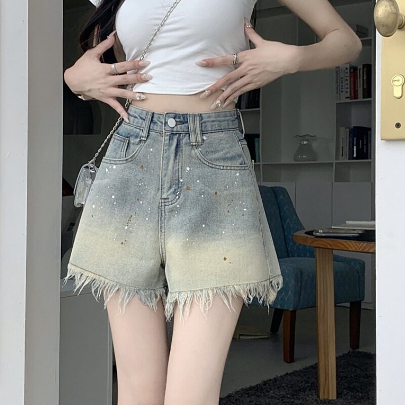 重工亮片牛仔短裤女夏季2025新款设计感毛边休闲阔腿裤女时尚流苏