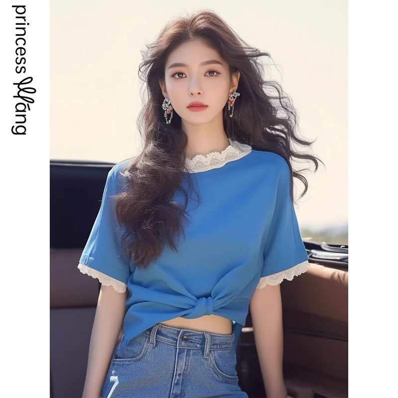 圆领蕾丝边短袖T恤女夏季2025新款洋派蓝色设计感别致上衣女短款
