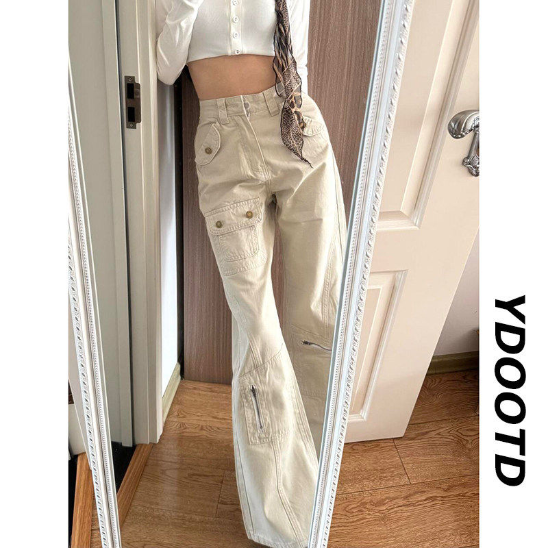 高级美式多口袋工装裤女春秋2026新款设计感微喇裤耐磨直筒牛仔裤
