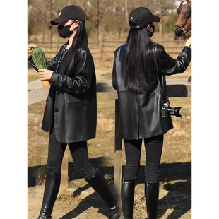 pu皮机车夹克上衣 小西服时尚 2024新款 黑色宽松休闲皮衣外套女韩版