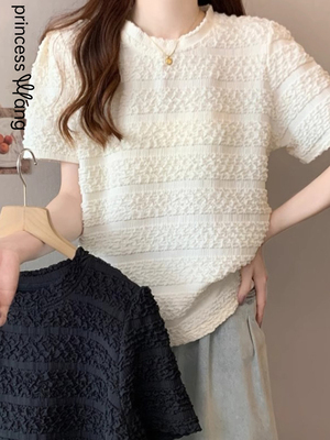 夏季大码女装2025新款洋气泡泡袖褶皱短袖T恤女法式时尚气质上衣