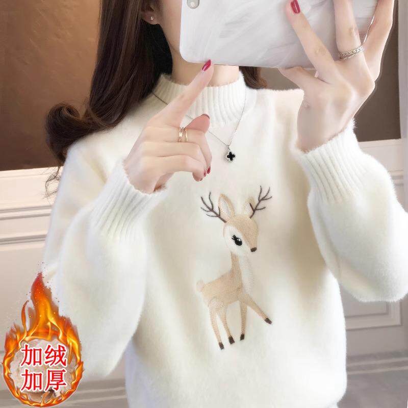 半高领仿水貂绒针织刺绣毛衣女秋冬2025新款韩版加绒加厚针织上衣