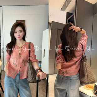 【桃花】粉色圆领长袖防晒上衣刺绣显白衬衫 XS102