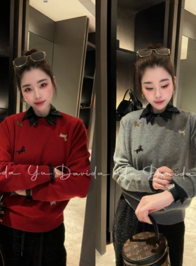 【刺绣小马】绵羊毛兔毛圆领红色针织衫打底长袖上衣8321