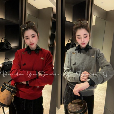 【刺绣小马】绵羊毛兔毛圆领红色针织衫打底长袖上衣8321