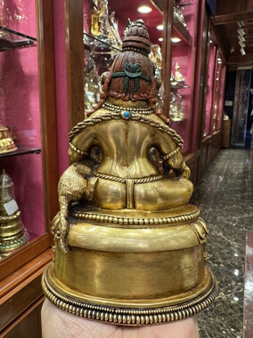 尼泊尔释迦族手工艺紫铜鎏金古董款肥鼠黄财神15cm