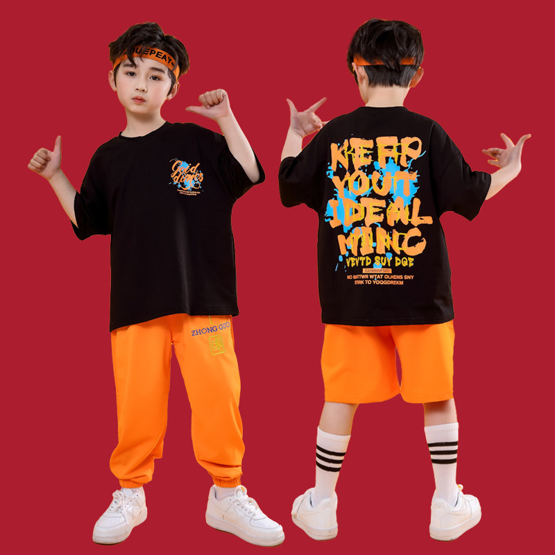 嘻哈街舞潮服男童套装帅气hiphop宽松T恤女童长袖儿童爵士舞服装