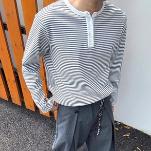老钱风内搭打底上衣 STA GTAL黑白条纹亨利领长袖 T恤男秋季 POLO衫