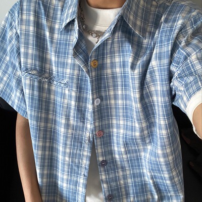 STA GTAL格子衬衫男夏季开衫短袖衬衣拼色纽扣日系复古宽松上衣