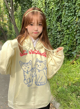 凡他姨【奶猫CP出道】原创可爱猫咪印花外套加绒拉链卫衣开衫韩版