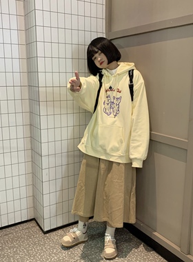 [凡他姨] 连帽奶黄色加绒卫衣原创小众设计可爱卫衣ins潮秋冬外套