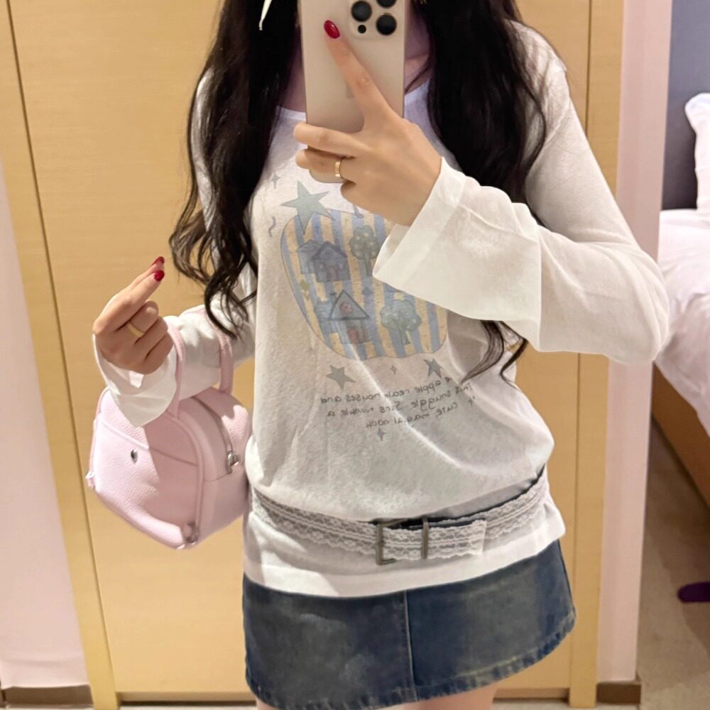 凡他姨【奶霜果仁】早秋微透罩衫宽松长袖T恤内搭上衣女韩版防晒