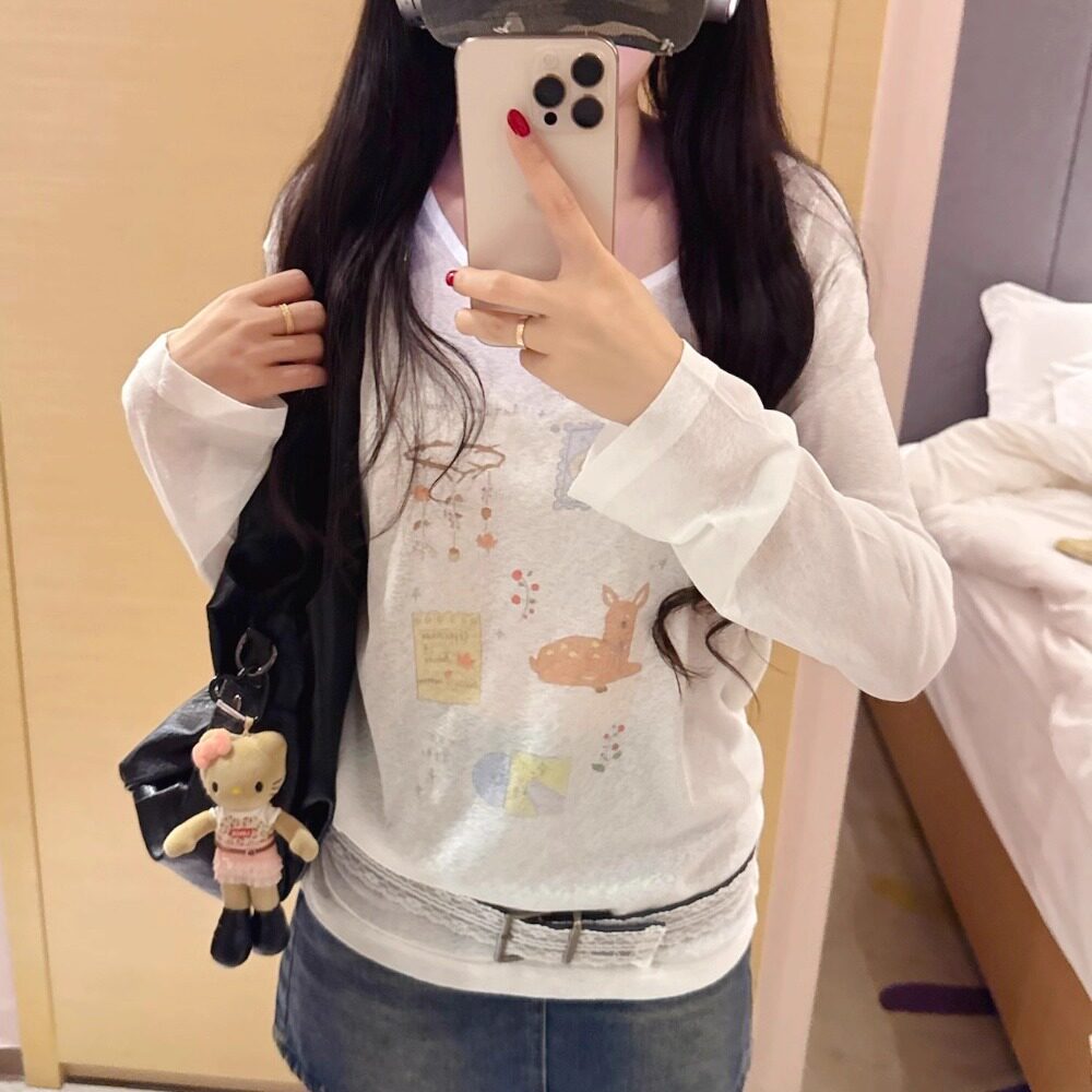 凡他姨【小鹿风铃】秋日浪漫法式印花长袖T恤宽松微透罩衫上衣女