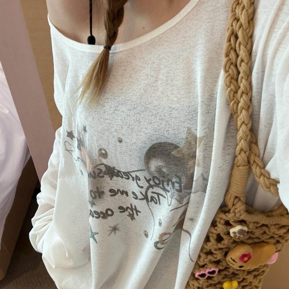 凡他姨【少女幻境】直喷印花长袖T恤宽松微透圆领罩衫斜肩上衣女