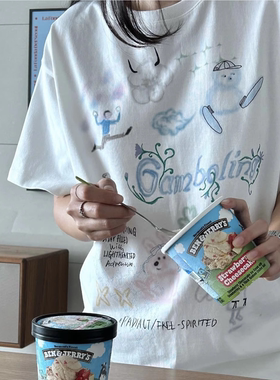 凡他姨【绵密奶泡】夏季清新可爱印花T恤休闲纯棉圆领短袖情侣装