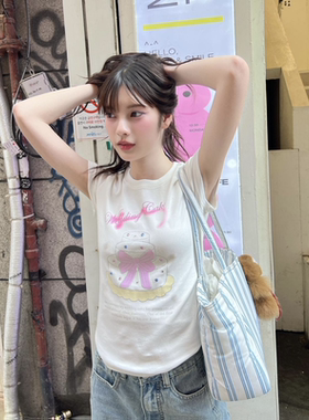 凡他姨【奶油蛋糕】夏季正肩掐腰T恤可爱印花圆领短袖修身上衣女