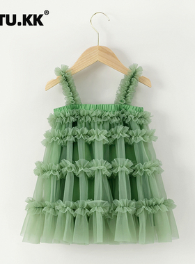 女童吊带连衣裙绿色无袖背心裙网红tutu裙公主网纱裙
