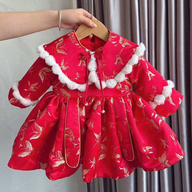周岁女宝宝冬装礼服红色加厚拜年服婴儿抓周宴公主裙高端唐装冠衣