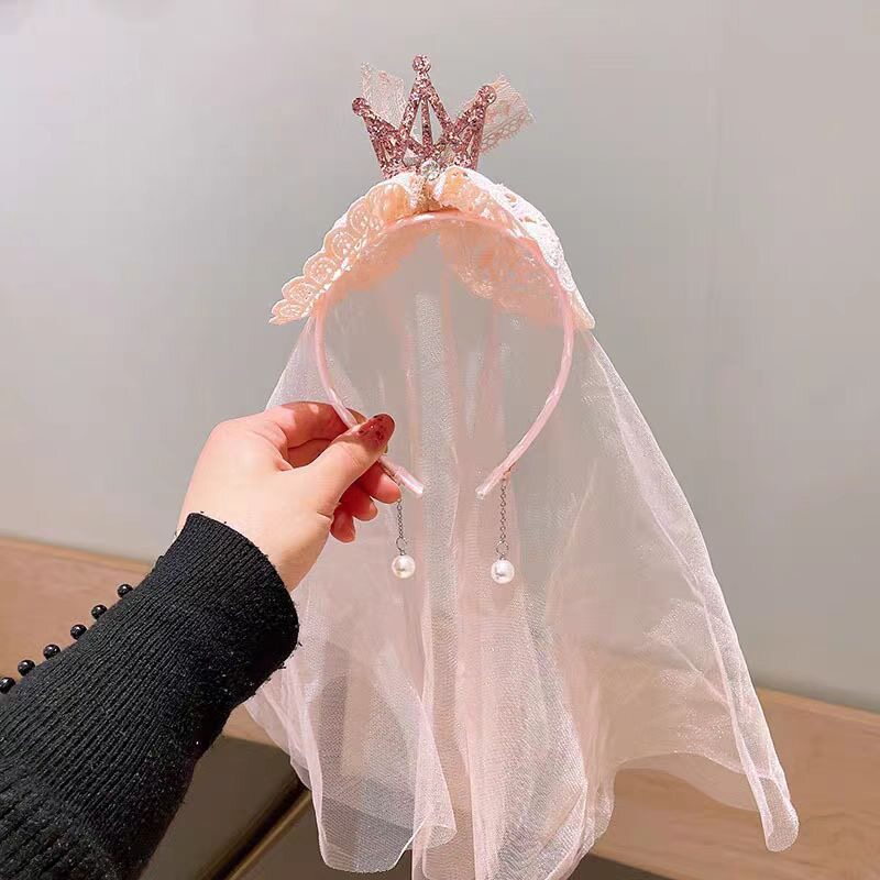 女童公主蕾丝珍珠皇冠发箍头纱图片
