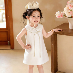 背心公主裙潮 小女孩纯色娃娃领无袖 女童周岁礼服连衣裙春季 新款